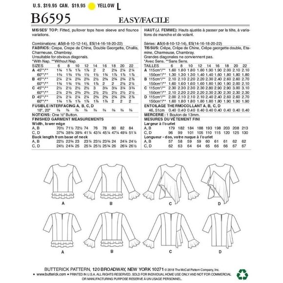 Butterick Sewing Pattern 6595 Women's Ruffle Blouse Size 14-22 - Picture 2 of 6